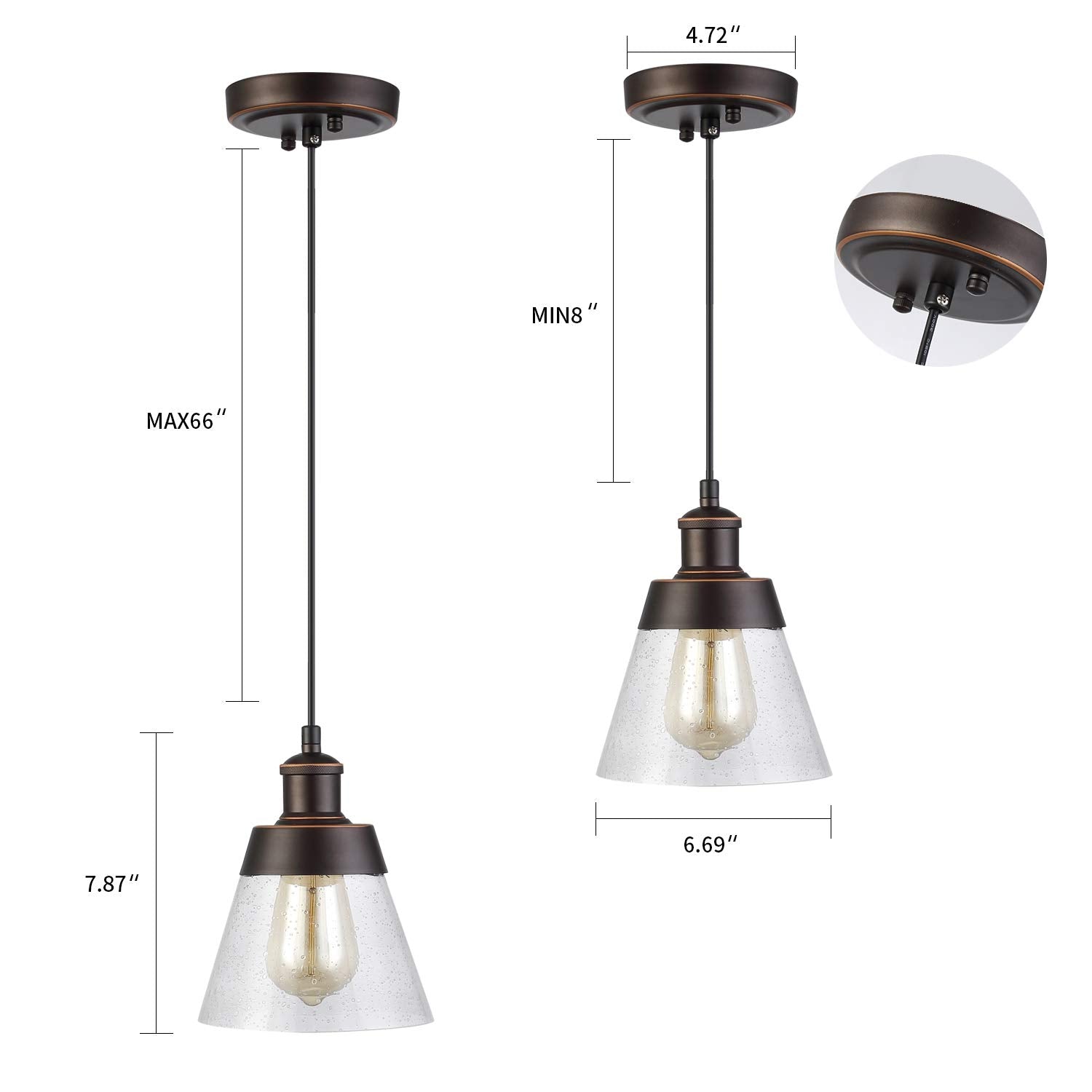 Rustic Glass Pendant Light with Handblown Clear Seeded Glass Shade, One-Light Adjustable Industrial Cone Mini Pendant Lighting F