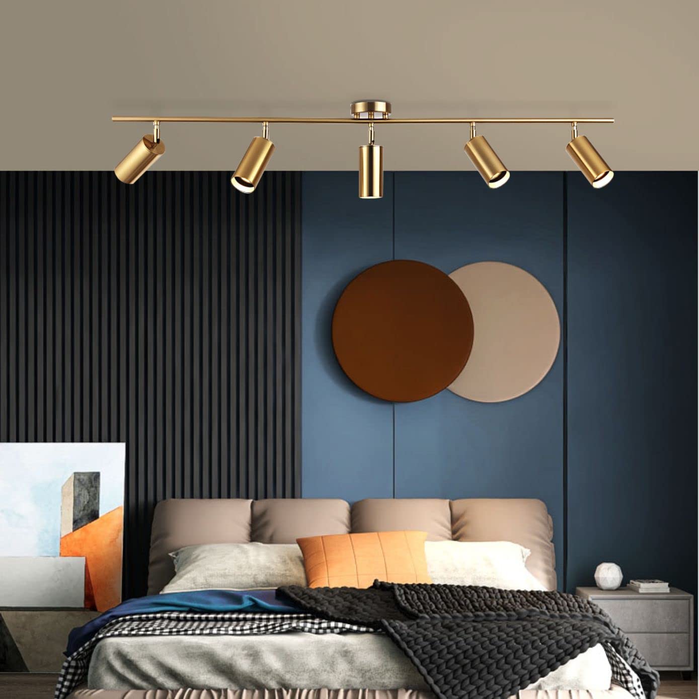 KCO Lighting Modern 5-Lights LED Track Lighting Kit Brushed Brass Kitchen Ceiling Spotlights Light Fixture Mid Century Gold Adju