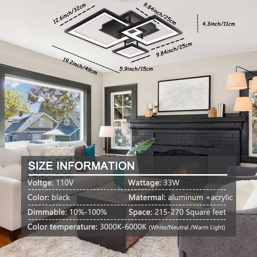 Hlilceh Modern Black Led Ceiling Light 3-Square Design 3000K-6500K Dimmable Led Ceiling Light With Remote 33W Acrylic Ceiling Li