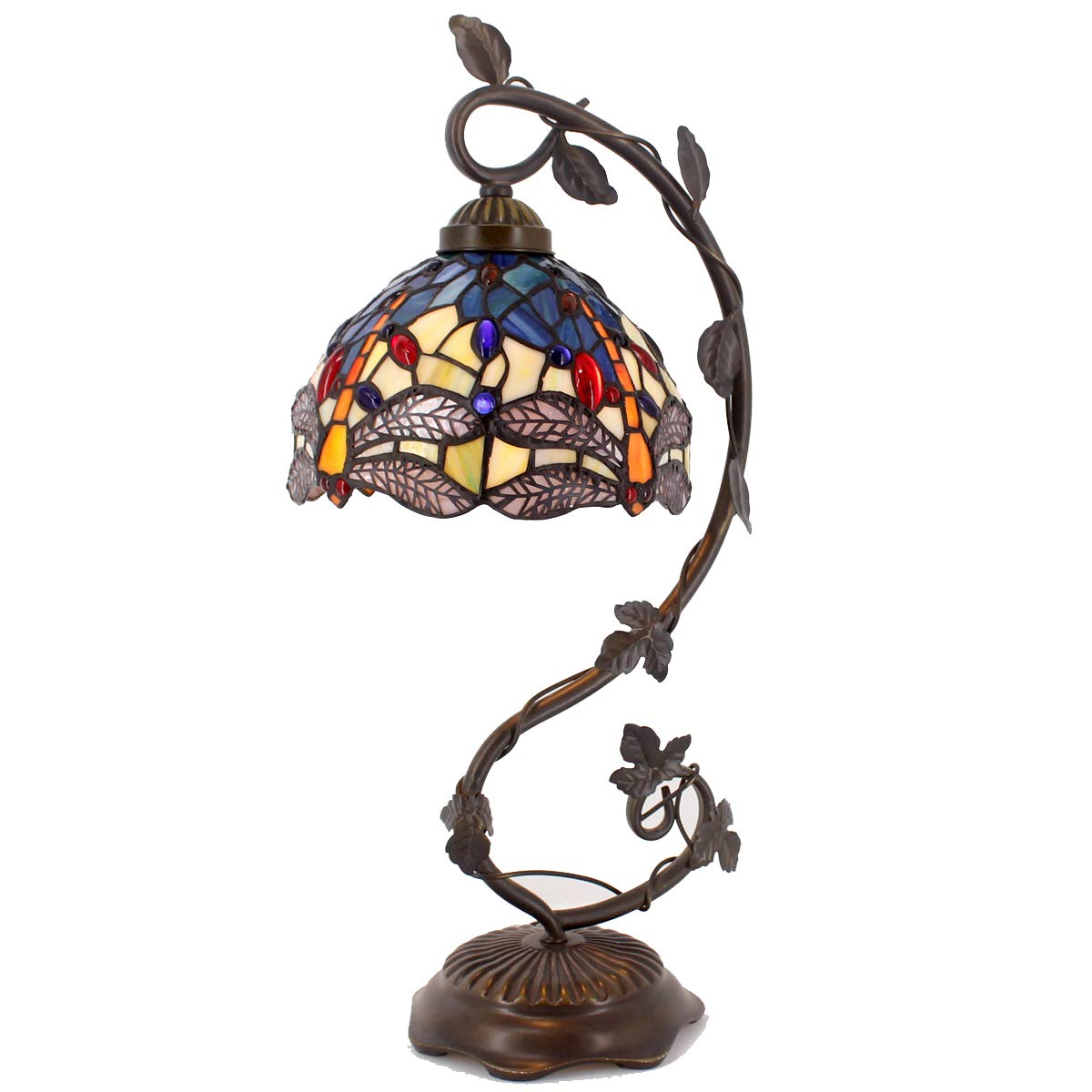 Werfactory Tiffany Lamp Stained Glass Table Lamp Blue Yellow Dragonfly Style Desk Light Metal Leaf Base 8X10X21 Inches Decor Sma