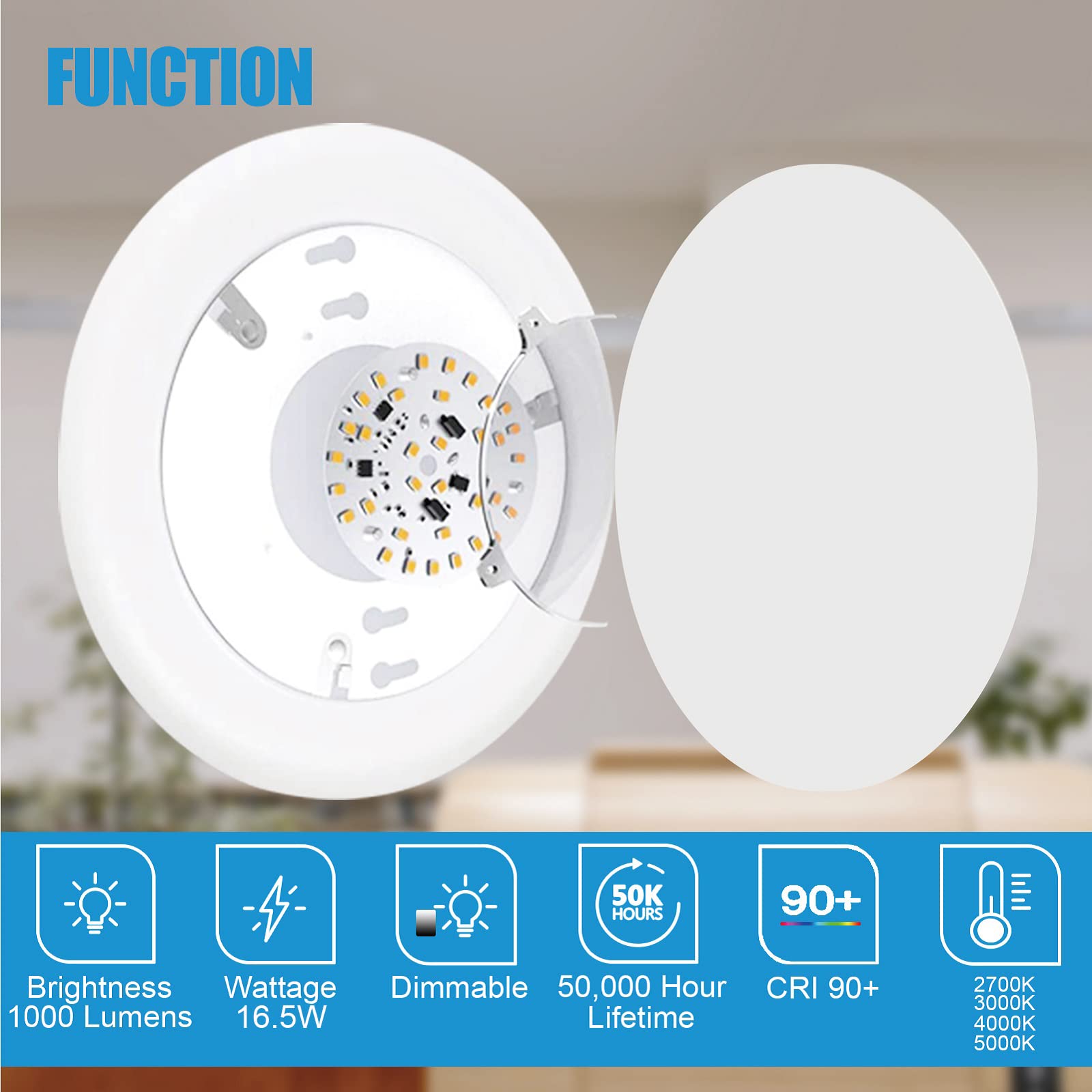 ECOELER 6 Inch LED Disk Light, 16.5W, 1000 Lumens, Dimmable, 4000K Cool White, Flush Mount, ETL Listed,