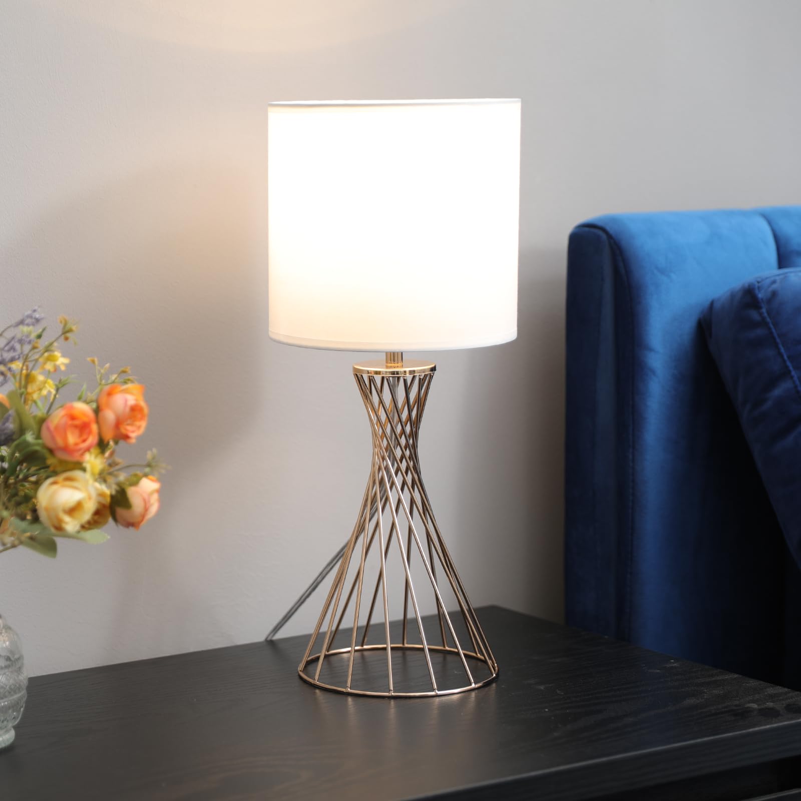 Popity Home Gold Table Lamp, Nightstand Lamp, Small Cute Desk Lamp, Modern Bedside Lamp With White Fabric Shade, Metal Geometric