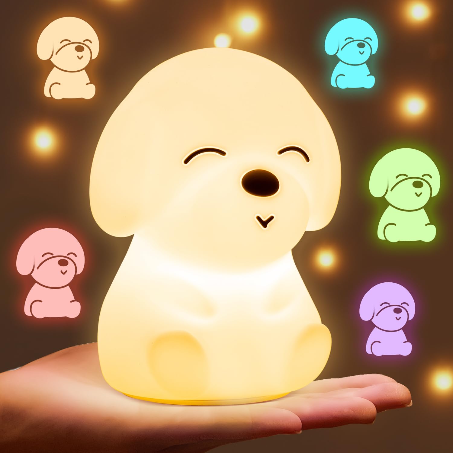 Mubarek Night Light for Kids, Dimmable & Rechargeable, Soft Silicone Dog, 16 Colors, Toddler Night Light