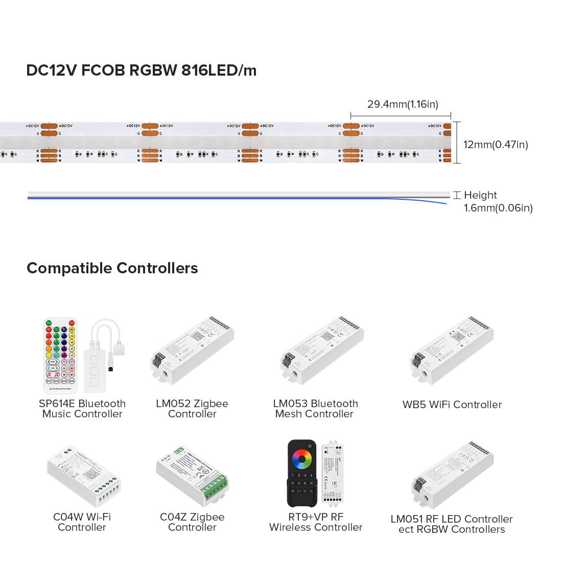 Btf-Lighting Fcob Ip66 Rgbw 4000K Cob Led Strip 16.4Ft Dc24V Color Changing Flexible High Density Multicolor Light 12Mm Width Fo