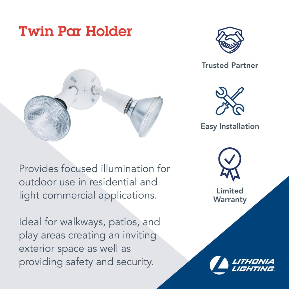 Lithonia Lighting Ofth 300Pr 120 Wh Cp6 M4 Adjustable Twin Par Outdoor Flood Light Holder For Backyard Lighting, Safety And Security, 120 Volts, Uses 2 Lamps Up To 150W (Not Included), White (6-Pack)