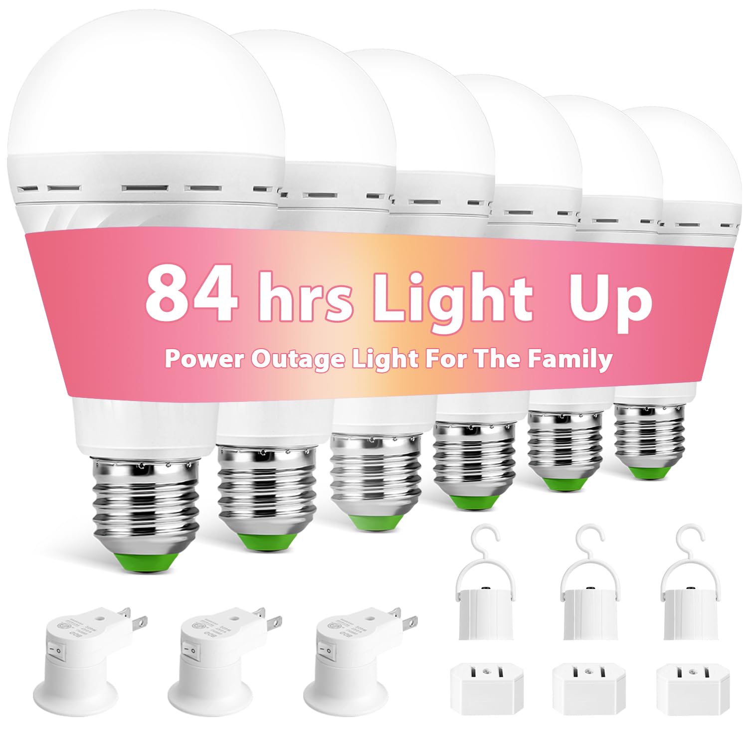 SORHE LIDKO Emergency Rechargeable LED Light Bulbs, 12W Equivalent, Battery Powered, White, Model 2, 6 Bulbs & Accessories