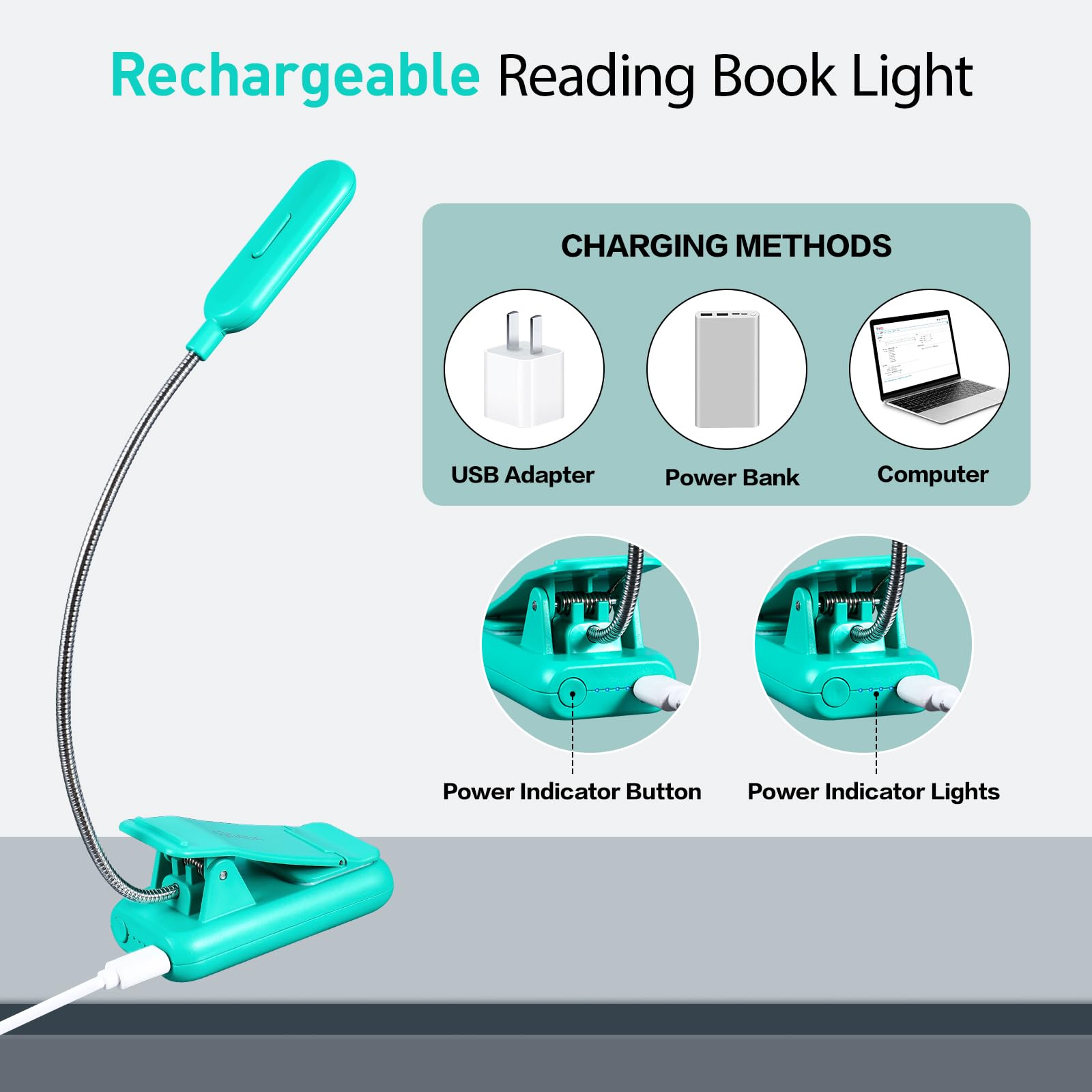 VAVOFO Rechargeable Book Light, 7 LEDs, Amber 1600K, Clip On, 1-Pack, Emerald Green, Model KM-6720A
