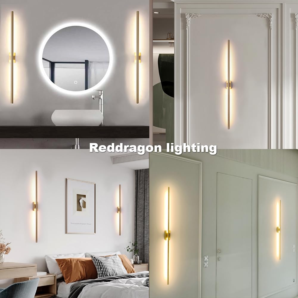 Reddragon Lighting Set Of 2 Dimmable Hardwired Linear Gold Led Wall Lamp 1-Gang Long 40 Inch Vanity Wall Sconce For Living Room Bedroom Bathroom Corridor Mirror (2 Pack, 40'', Gold, Dimmable)