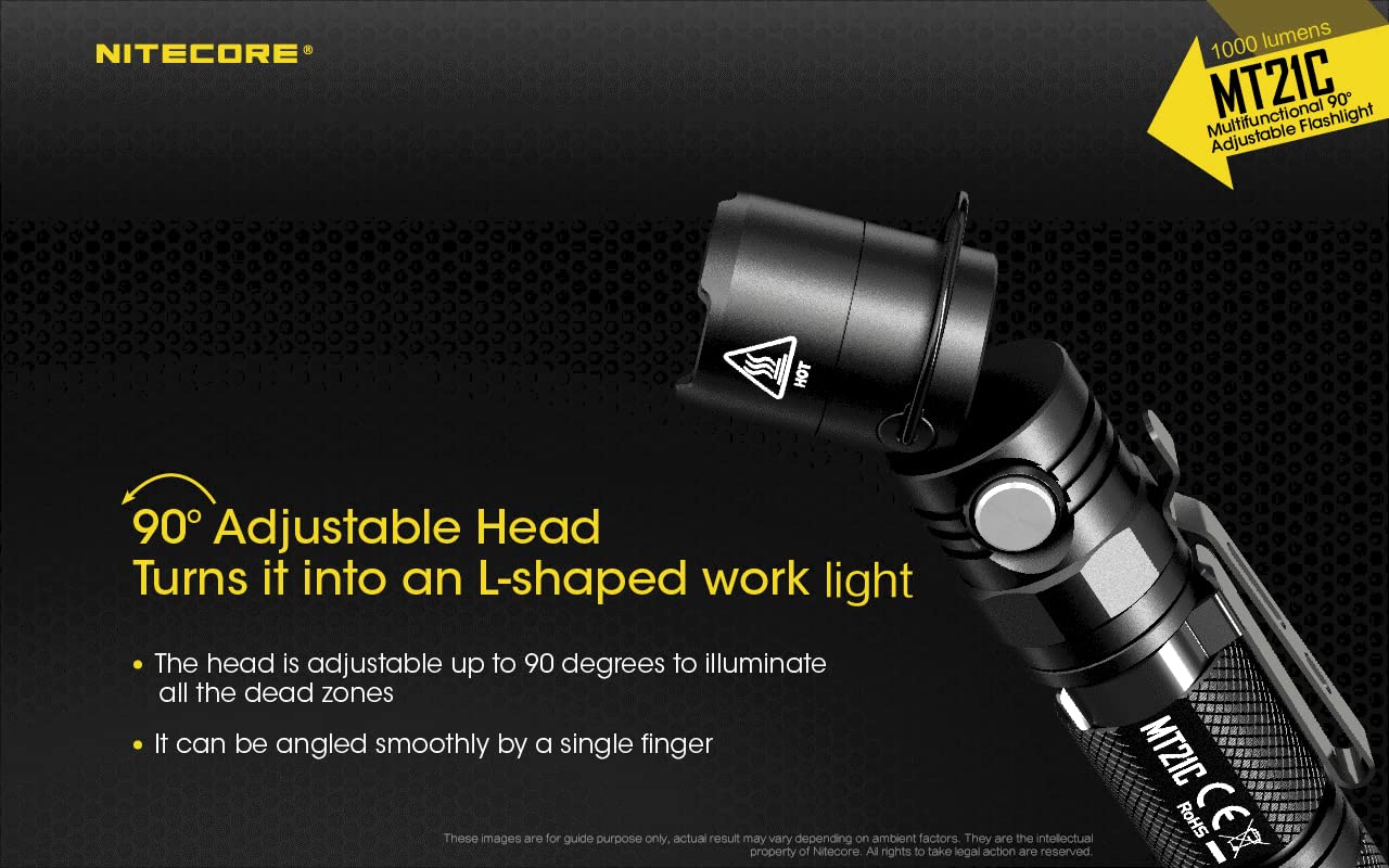 NITECORE MT21C LED Flashlight - 1000 Lumen, USB Rechargeable, Black, Right Angle 90° Tiltable Head, Anodized Aluminium