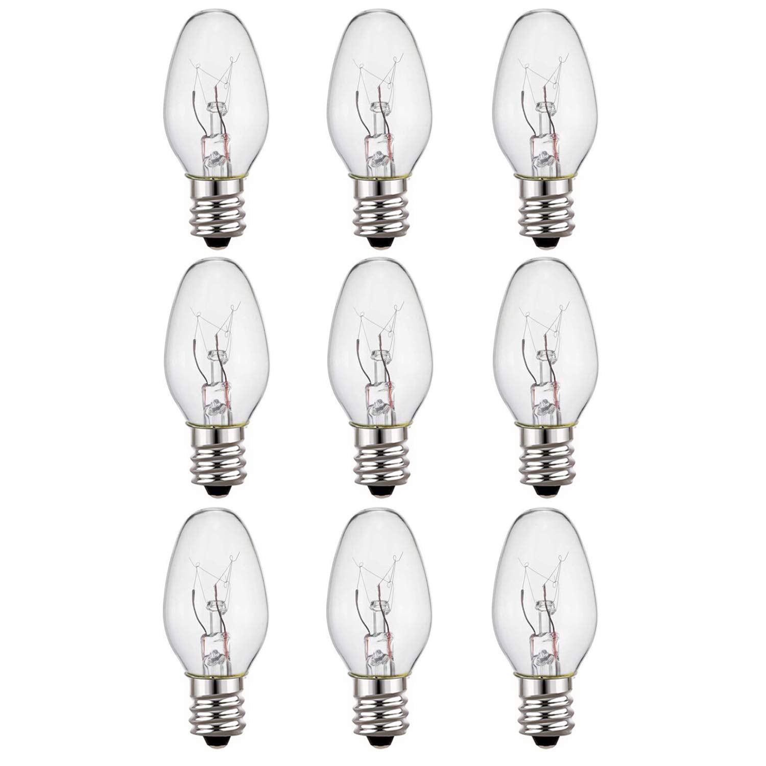 9-Pack,7 Watt Salt Lamps And Night Light Replacement Bulbs, Crystal Clear Glass,C7/7 Watt/120 V/45 Lumen,E12 Candelabra Base Long Life Bulbs