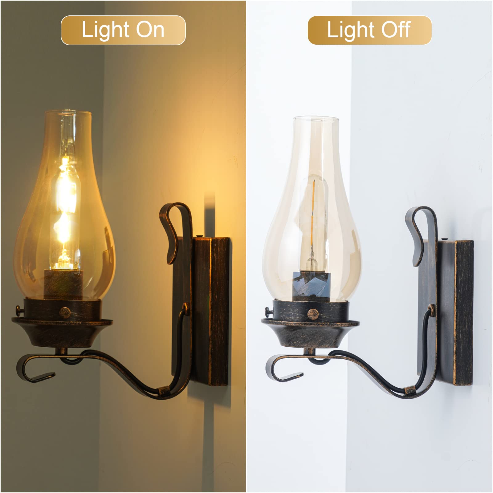 Yisuro Wall Sconces Set Of 2, Oil Rubbed Bronze Retro Lamps With Amber Glass For Living Room