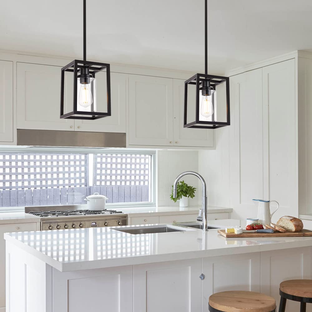 VINLUZ 1 Light Pendant Light Fixture - Matte Black Finish, Classic Farmhouse Chandelier with Clear Glass Shade