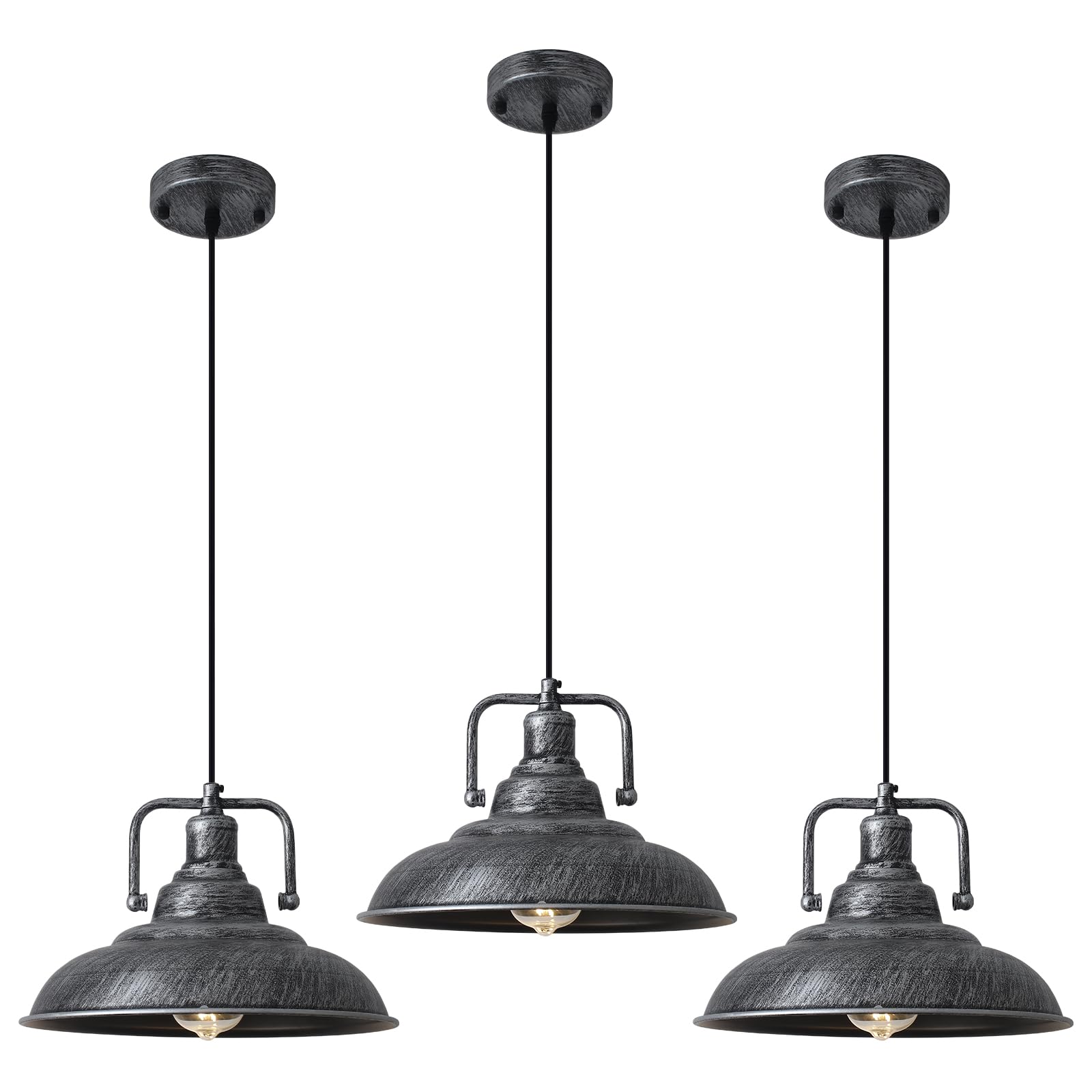 SESIMENT Black and Silver Pendant Lights 12.5 inches 3 Pack, Farmhouse Industrial Kitchen Pendant Lights for Bedroom, Living Roo