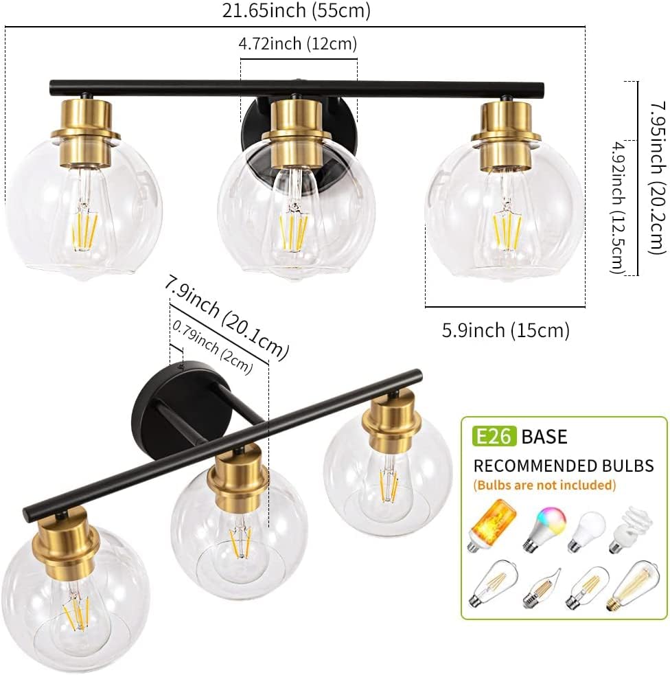 Lanmate 3-Light Black And Gold Bathroom Vanity Light Fixture With Glass Shades, Industrial Wall Sconce