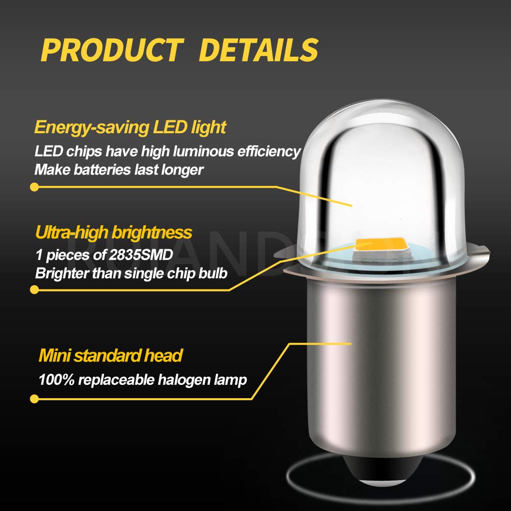 Ruiandsion Upgrade Led Flashlight Bulb 3V P13.5S Base Socket Warm White Led Bulbs Replacement For Flashlight Torch Lights, Negat