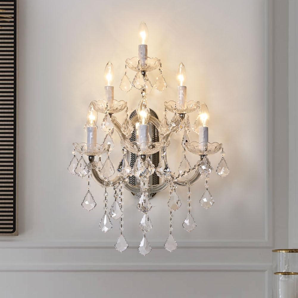Tmafon Large Modern Crystal Wall Lamp - 6 Lights Maria Theresa Wall Chandelier Light Fixtures, Chrome Wall Mounted Sconce For Ho