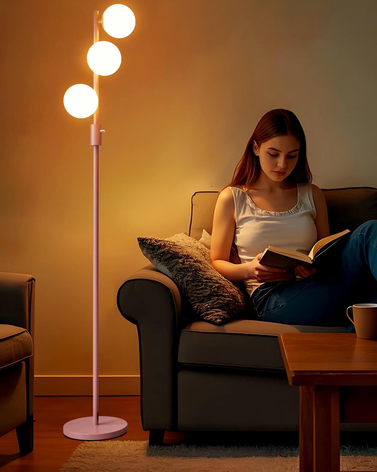 ACOHOOK 64IN Dimmable Pink Floor Lamp, Tall Standing Lamps with 3 Globe Soft Warm White Eye Care 3000K G9 Bulbs, Mid Century Mod