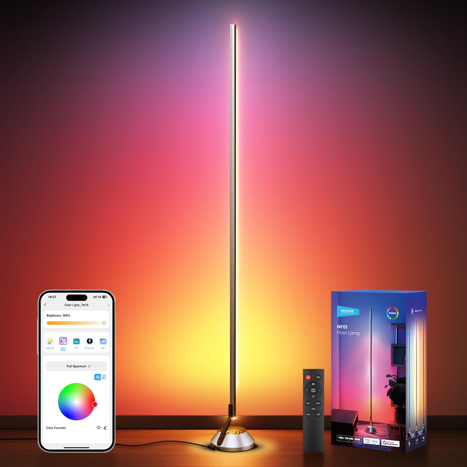 NEEWER Smart RGBW Floor Lamp, 1500lm LED Standing Corner Light Compatible with Alexa Google, APP Control/AI DIY/Music Sync/16 Mi