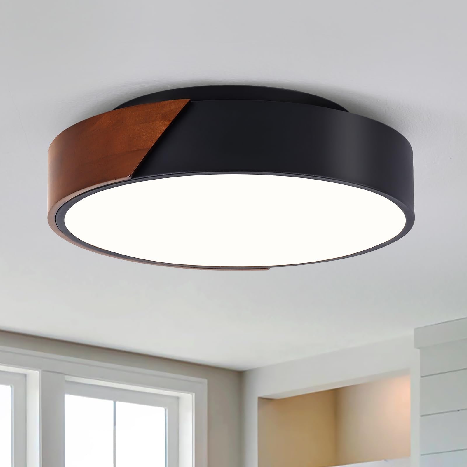 YUMPAUG Modern Black Flush Mount Ceiling Light, 2-Light Mid-Century Ceiling Light Fixture, Minimalistic Wood Round Lighting Fixt
