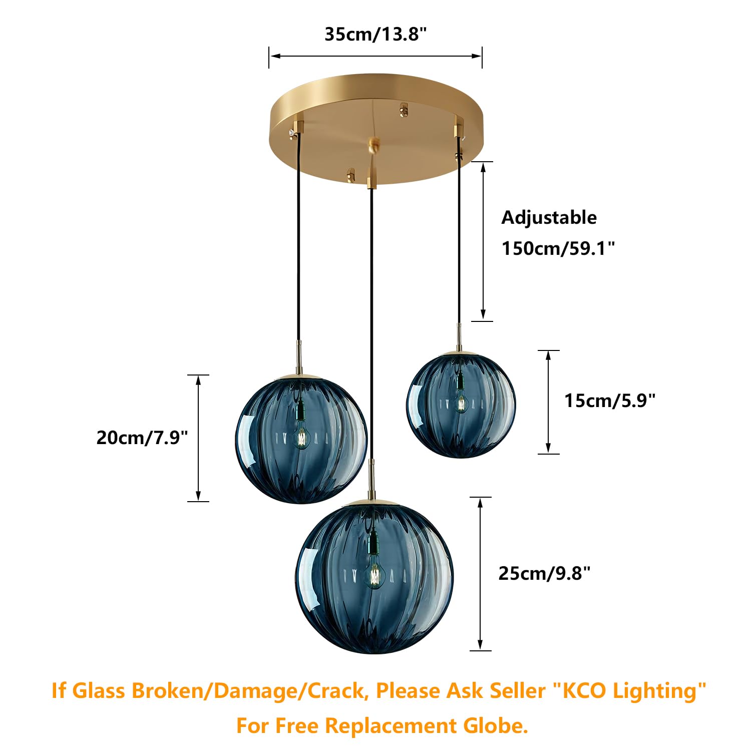 Kco Mid Century Modern Blue Glass Pendant Light Fixture, 3-Lights Brass Gold Ceiling Lamp