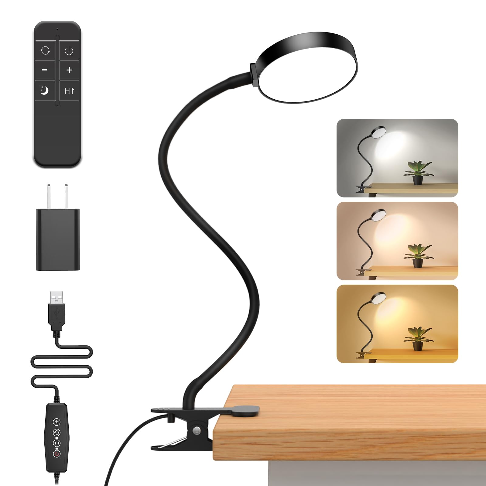 iFalarila LED Desk Lamp Clip On, Dimmable Flexible Gooseneck, 3.5in  Black, Model TBL236RF-BK-US, Remote & Timer Included
