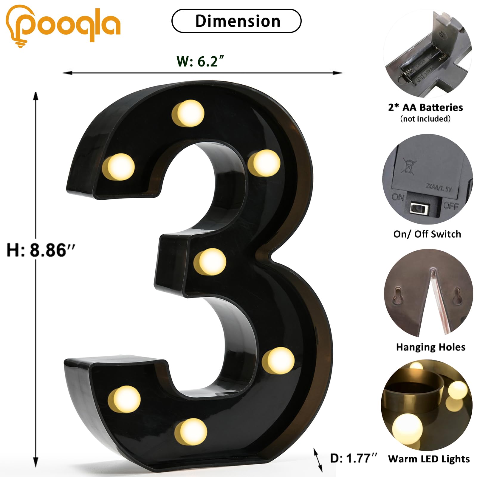 Pooqla Decorative Led Light Up Number Letters, Black Plastic Marquee Number Lights Sign For 3Th 13Th Birthday Party Wedding Decor Battery Operated Black Number 3
