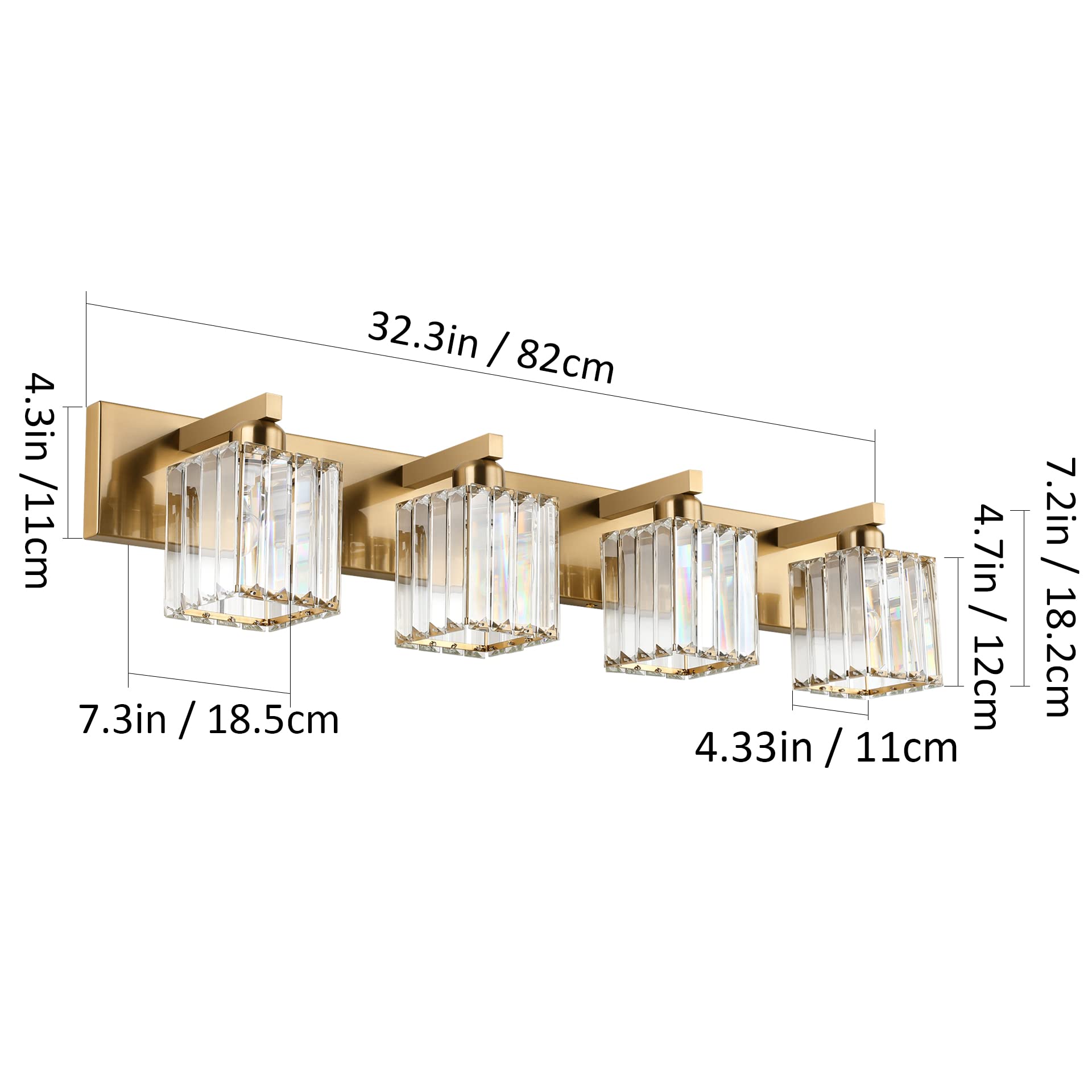 Aipsun Bathroom Lighting Fixtures Modern Crystal Vanity Light 4-Light Brass Square Shade Model 8461