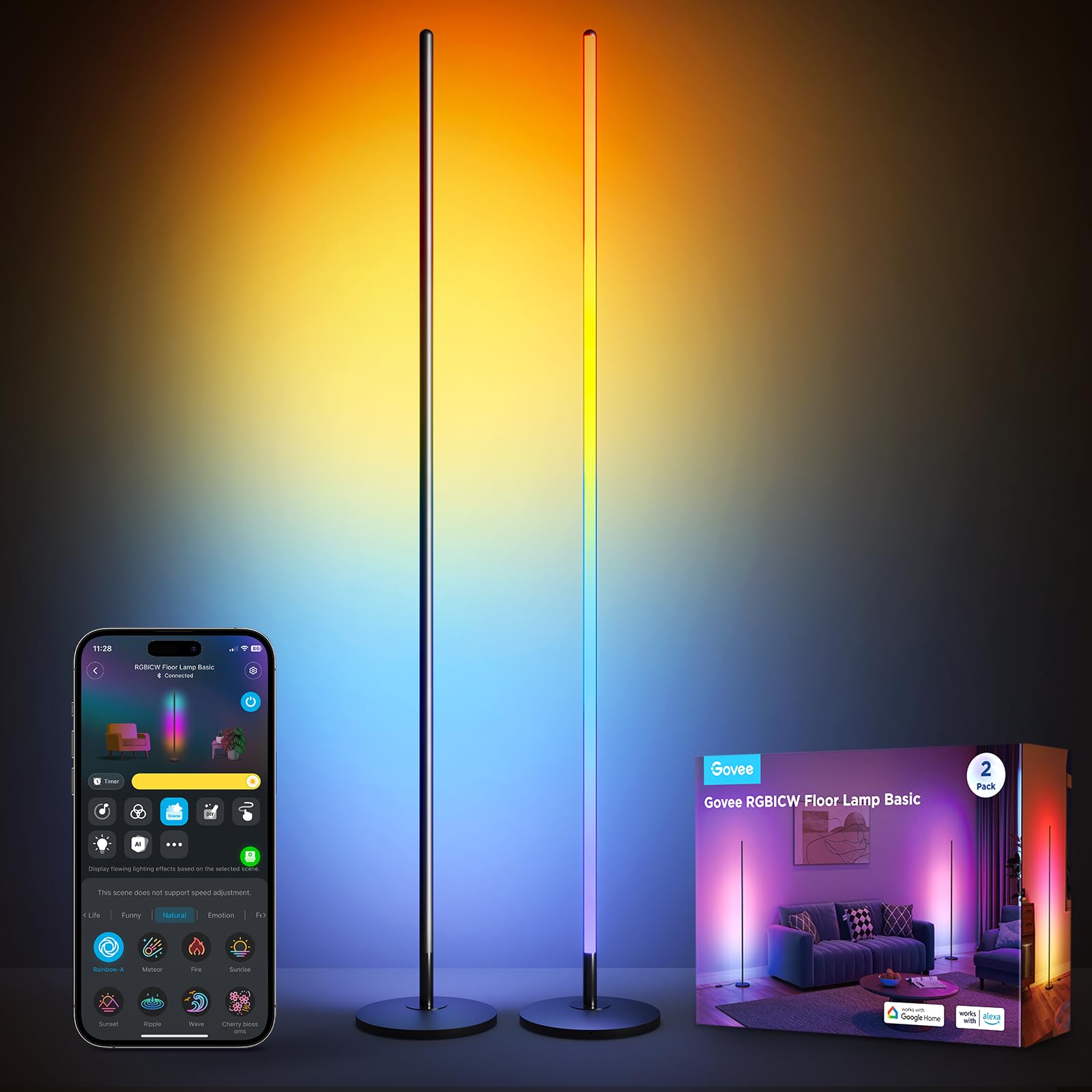 Govee RGBIC Floor Lamp 2-Pack, LED Lamp Compatible with Alexa, Smart Standing Lamp with Voice Control, Color Changing Bedside La