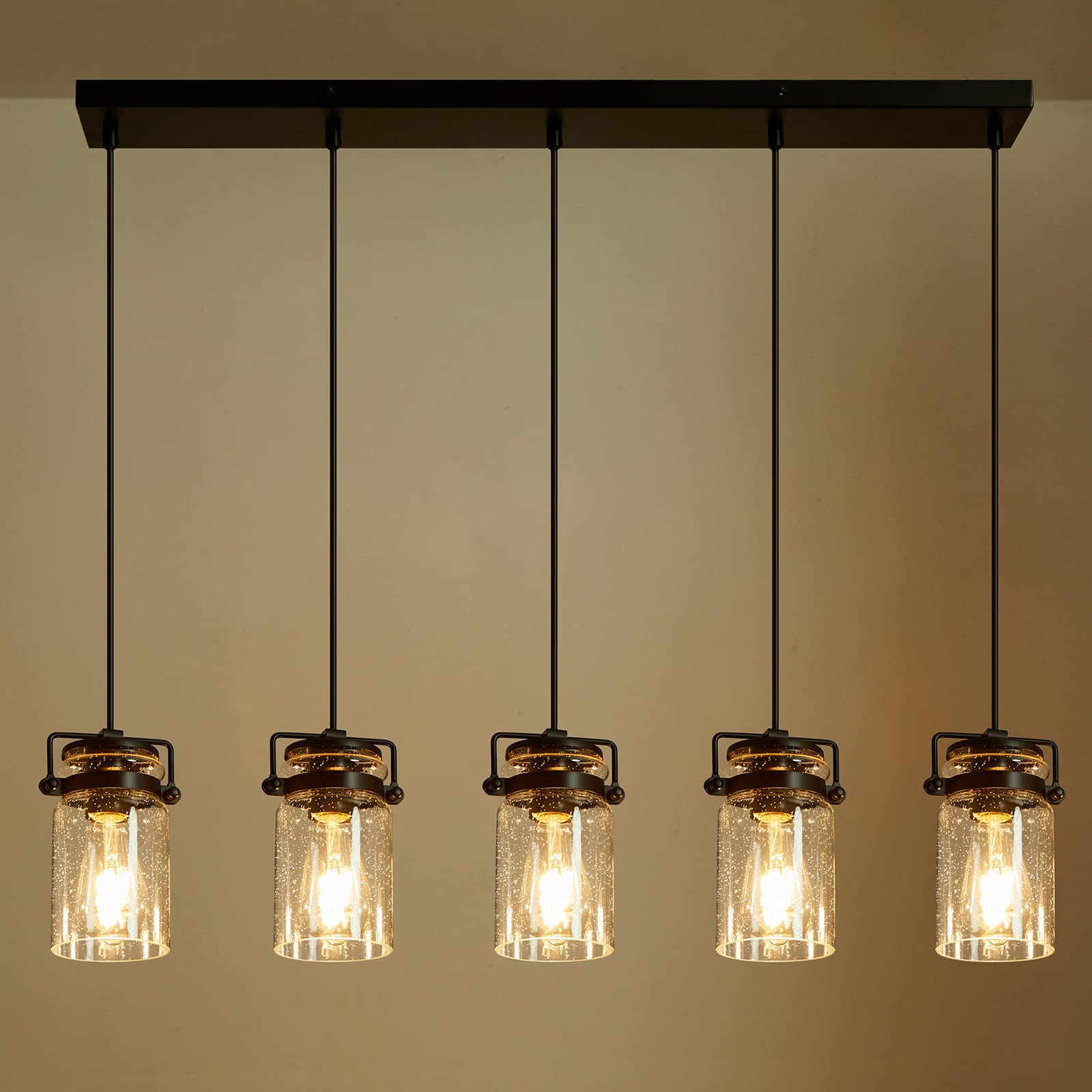 Foucasal Pendant Light Kitchen Island Lighting  5-Light Pendant Ceiling Light Fixture  67.71 Inches Hanging With Clear Glass Shade Farmhouse Chandeliers For Dining Room Bedroom Hallway - Black