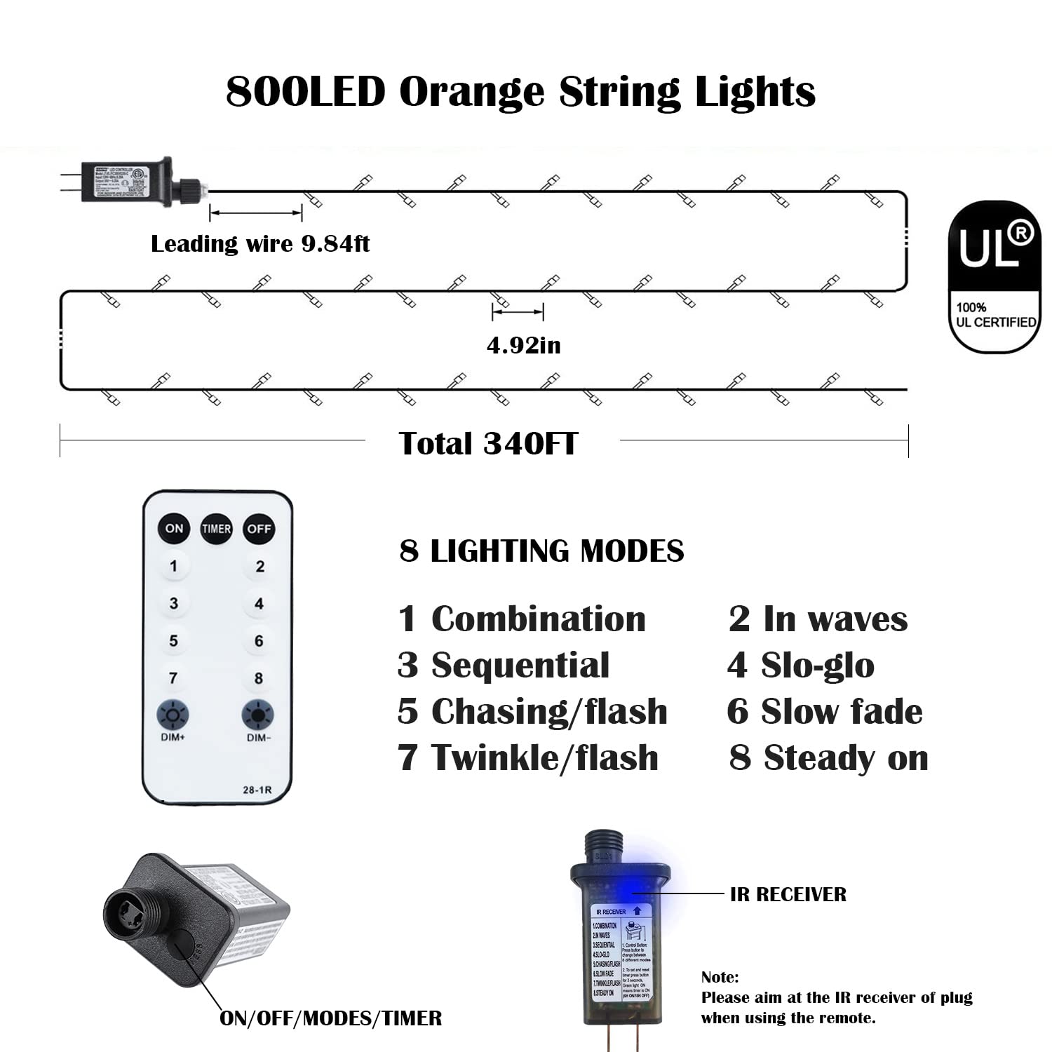 Zhouduidui Orange Halloween Lights  800Led 330Ft Orange String Lights 8 Modes Timer Plug In Waterproof Indoor Outdoor Orange Christmas Lights For Halloween Christmas Garden Party Decoration
