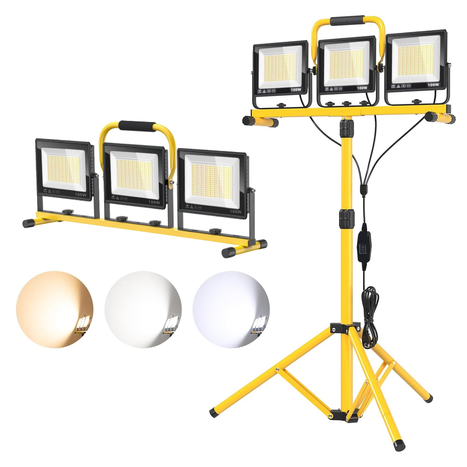 32000LM LED Work Light with Tripod, 3x100W 3-Head Floodlight, Plug-in 120V, 3 CCT 3000K/5000K/6500K, 360 Adjustable, IP66, 43.7-