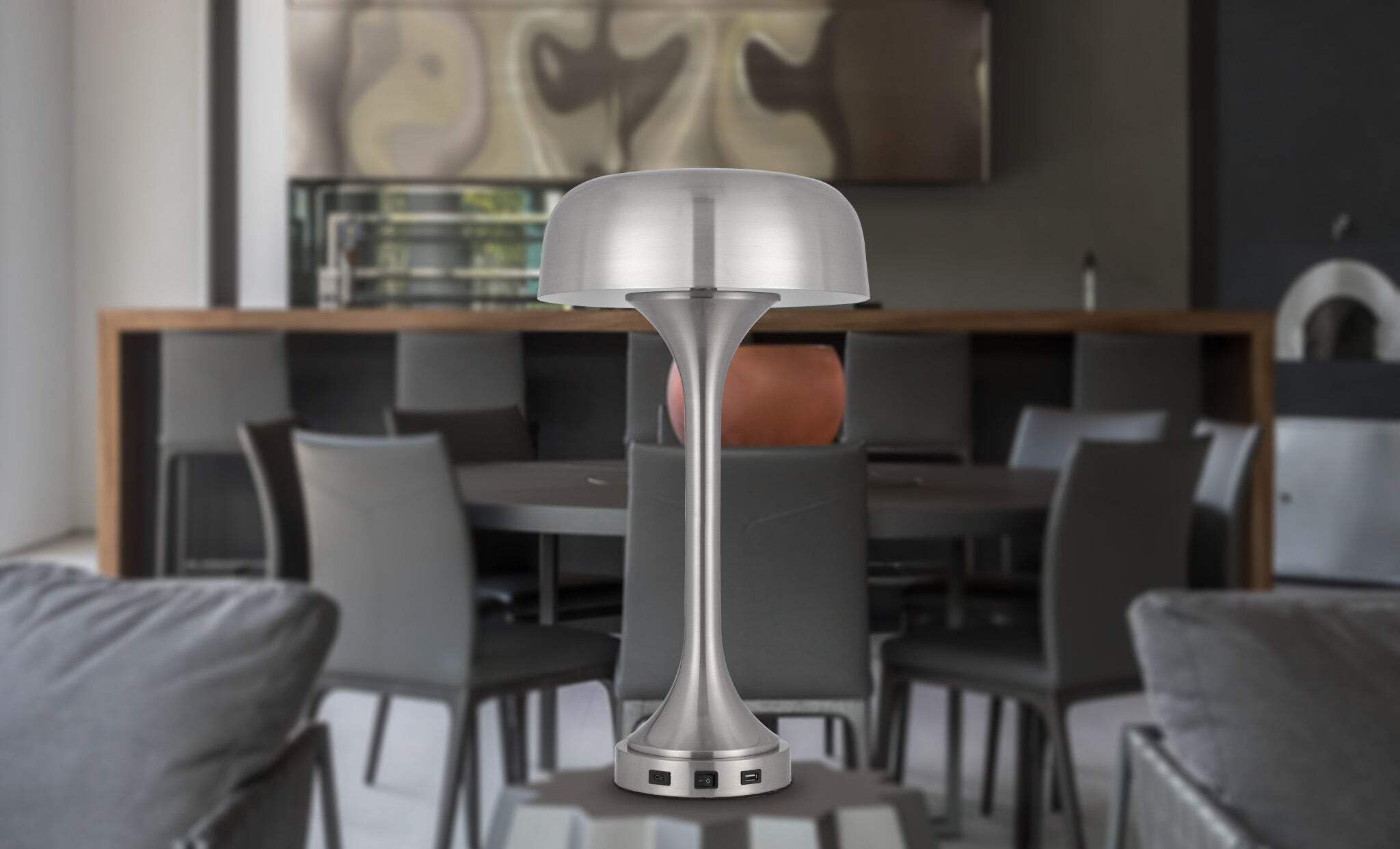 HomeRoots Table Lamp, Two Light USB, Nickel Metal, Dome Shade, Model 524740, 22 in.