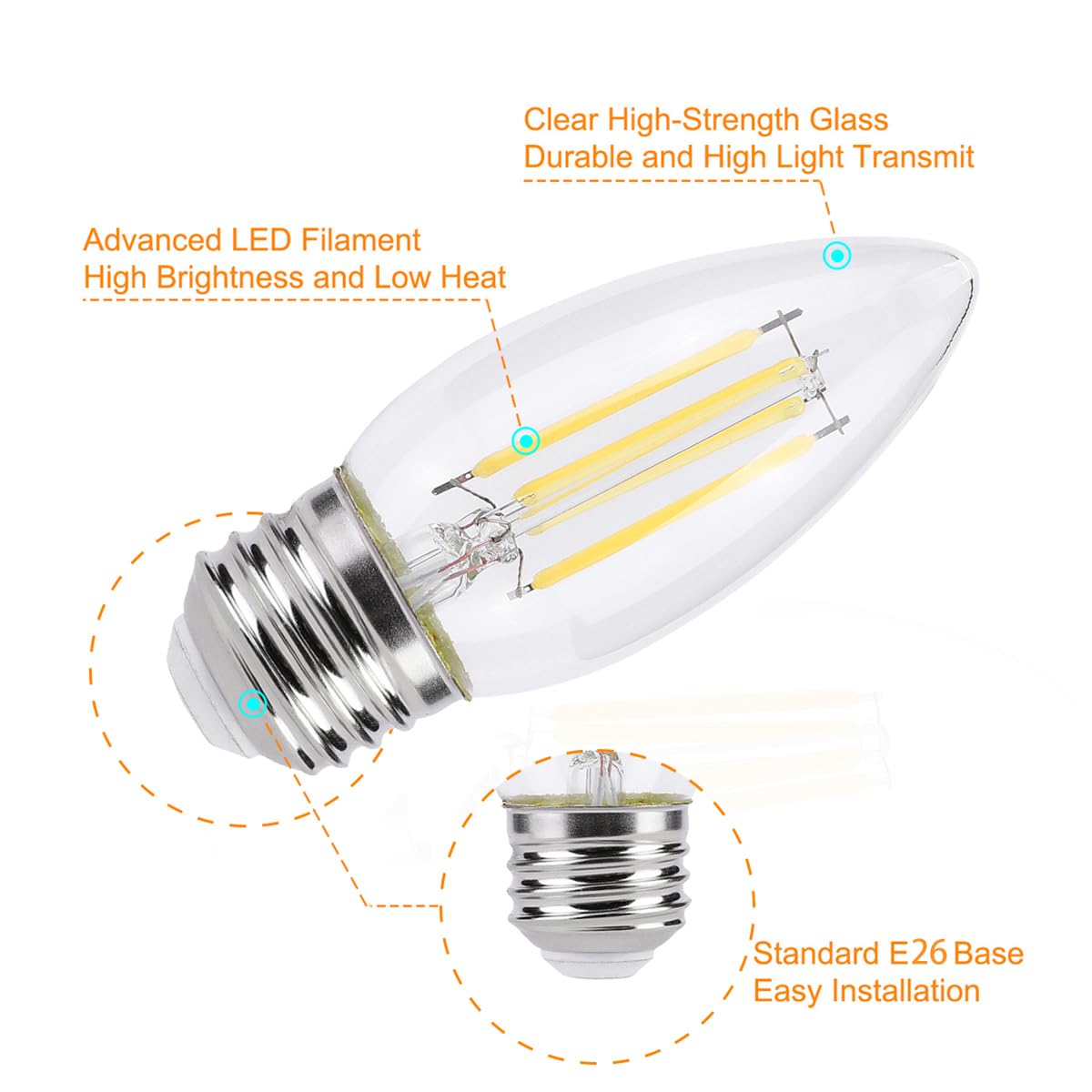 KINUR E26 Candelabra led Light Bulbs 4 Watt (40 Watt Equivalent) LED Chandelier Light Bulbs 5000K Soft White Chandelier Decorati