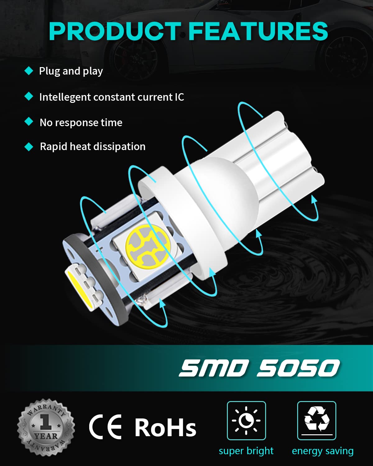 Alopee 30-Pack T10 LED Bulbs, 5SMD-5050, 12V DC, Mixed Colors for Car Interior Lighting