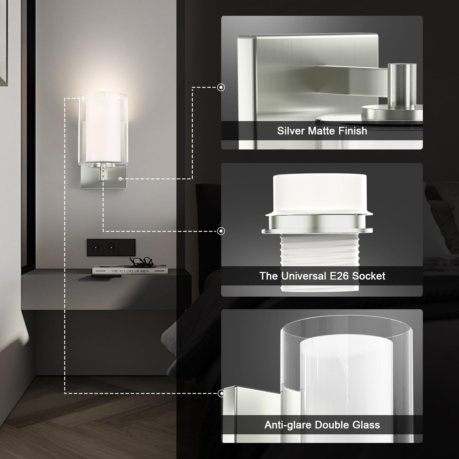 Kalium Wall Sconces Set of 2 Modern Vanity Lights, Double Glass Shade, Matte Black, E26 Base, Ideal for Bathroom, Living Room, Bedroom