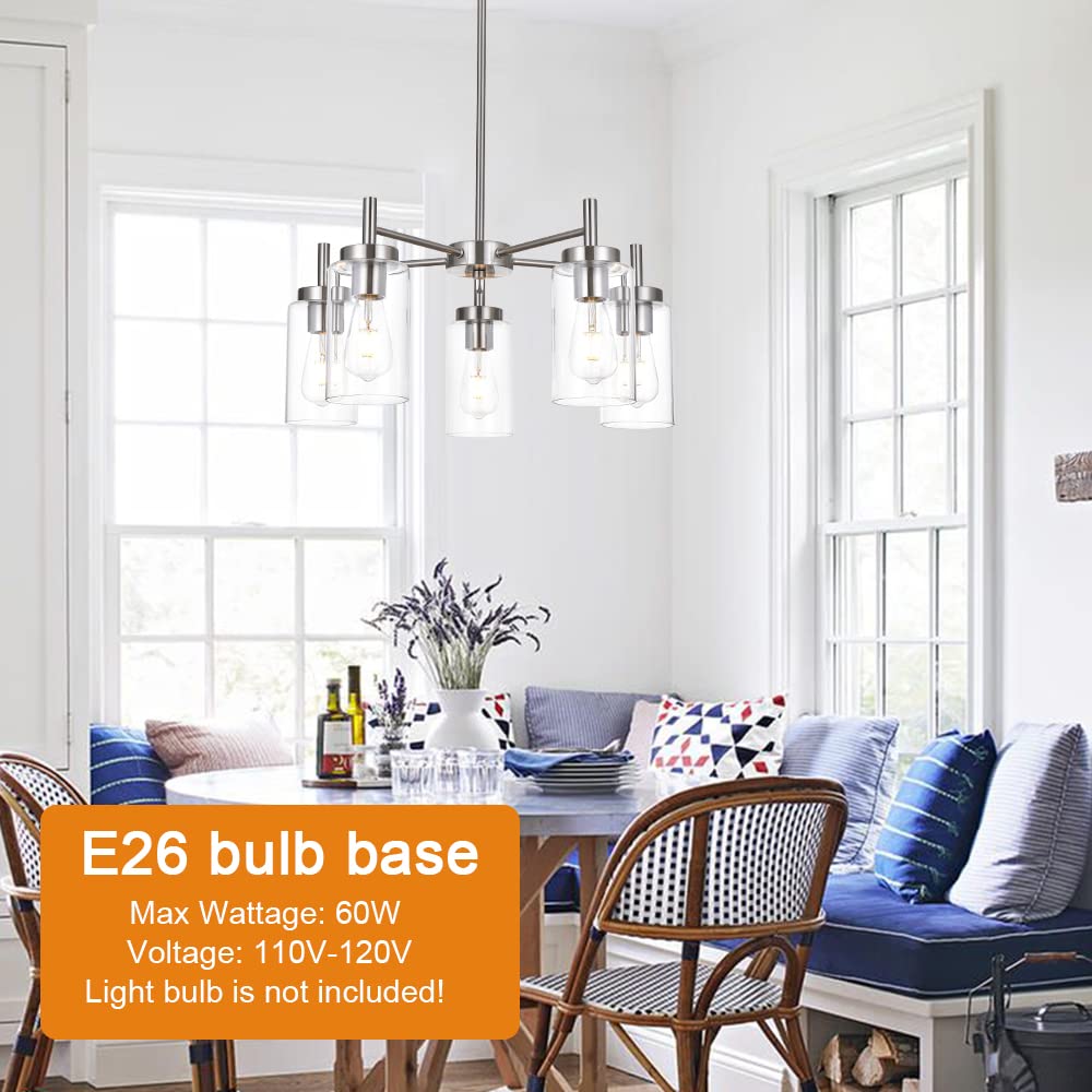 VINLUZ 5 Light Contemporary Chandelier - Brushed Nickel, Clear Glass Shades, Model 1810-5-13, Adjustable Semi Flush Pendant Lighting