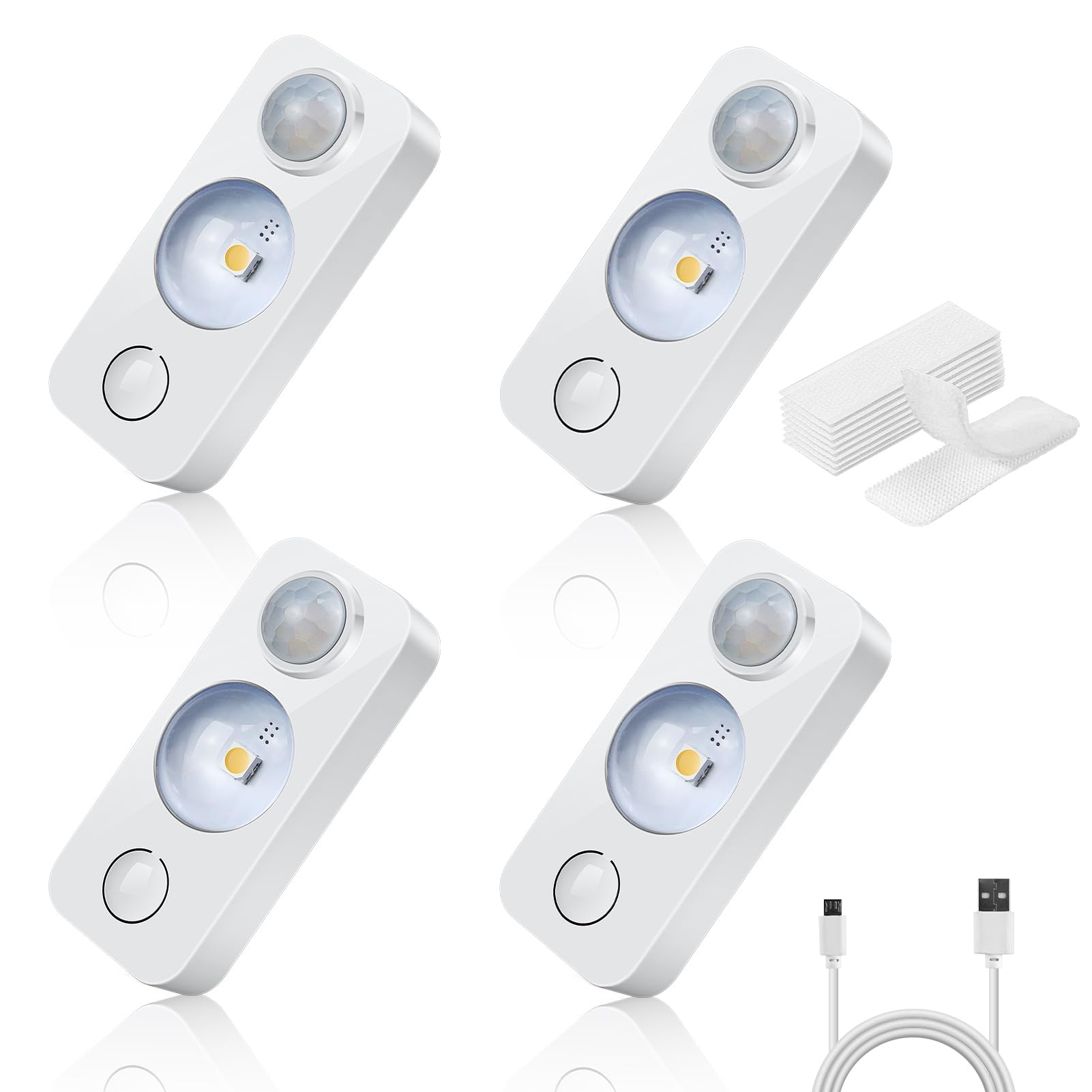 NIEGNOWOO LED Motion Sensor Puck Lights, Rechargeable, Daylight White, 4 Pack, USB Charging Cord, Model DC-GY-CGD-DW-4P-US