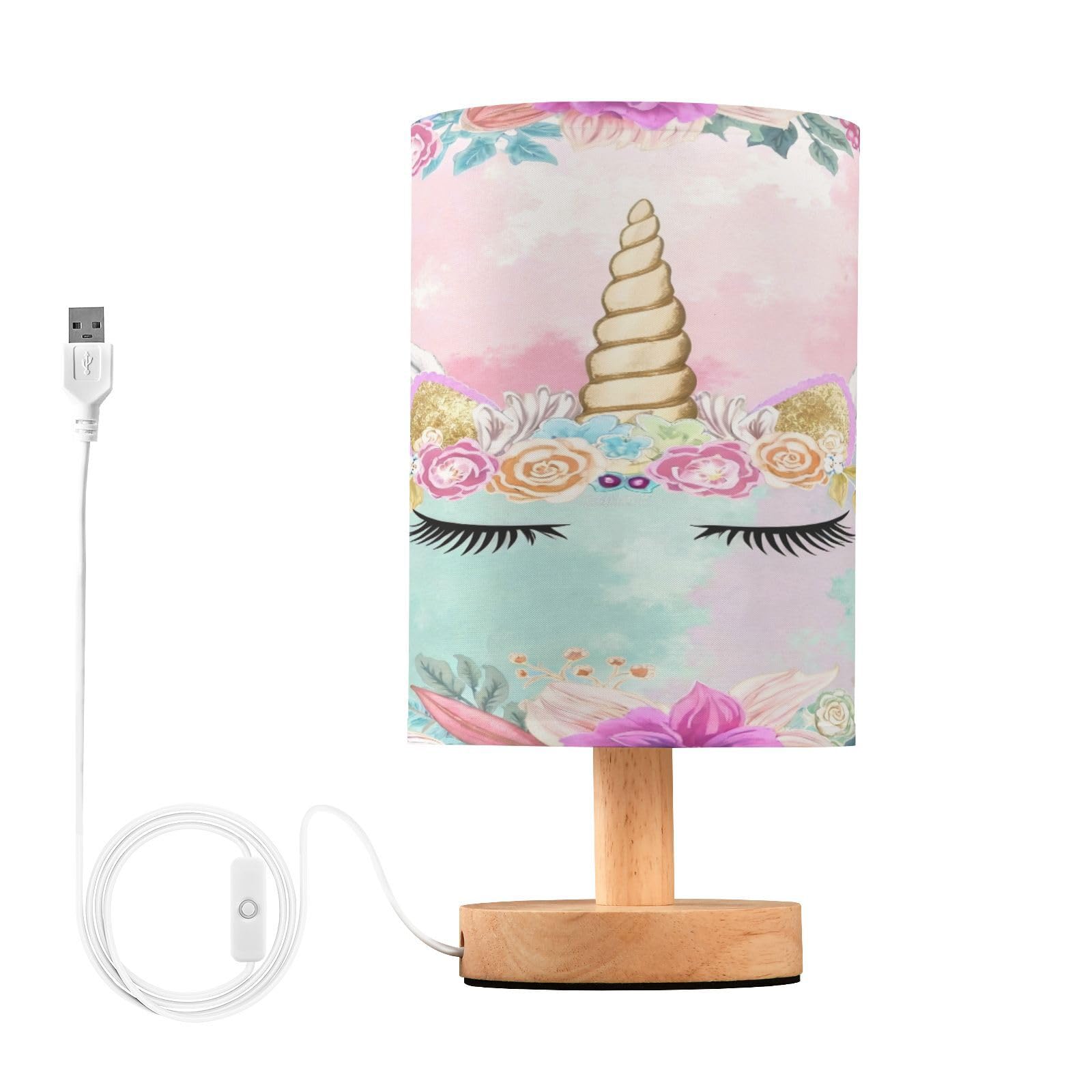 BOENLE Bedside Lamp Unicorn Table Lamp for Bedroom LED Nightstand Lamp Shade USB Ports Wood Base for Living Room Dorm Office