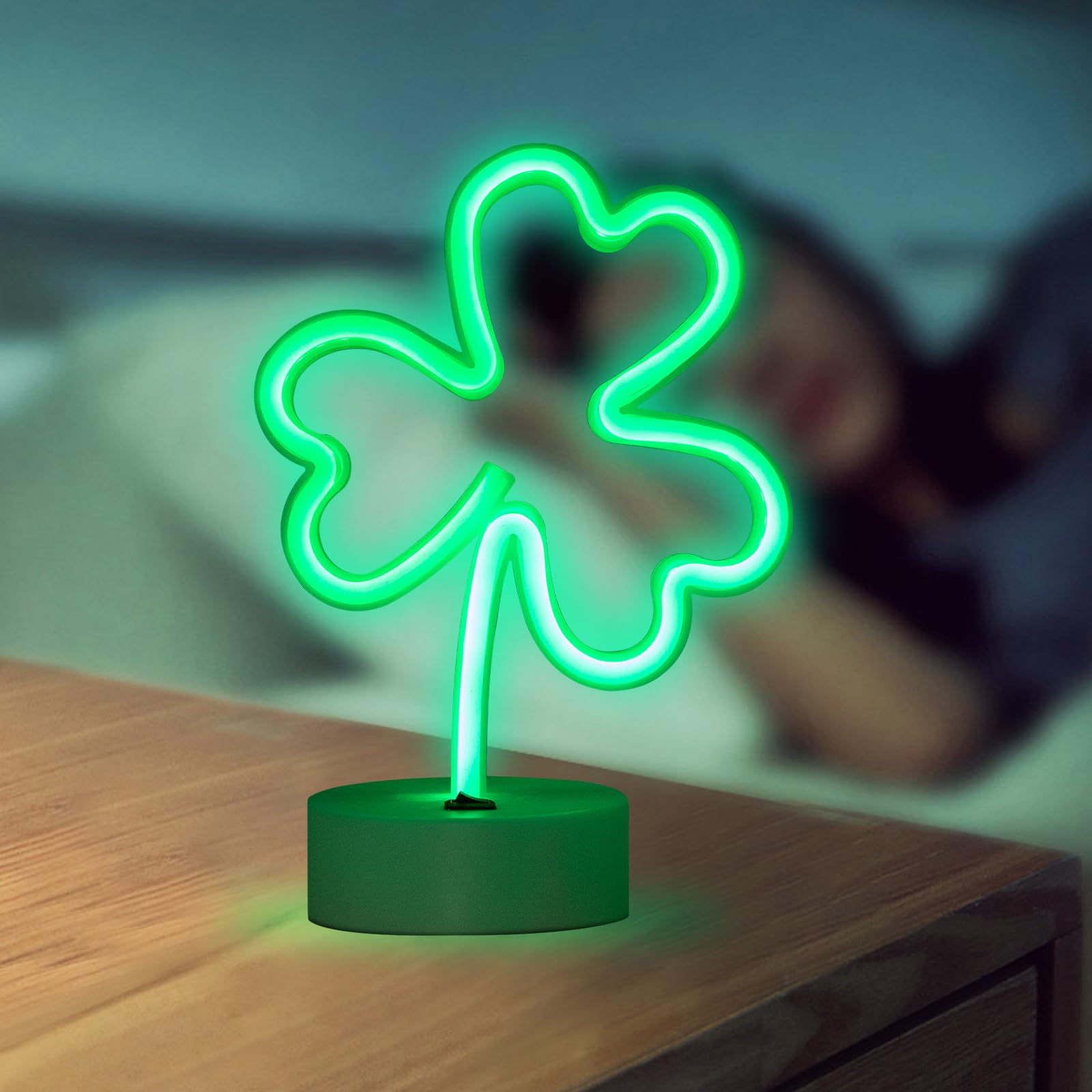 ENUOLI LED Neon Sign - Green Clover Night Light, USB & Battery Powered, Plastic, Model yNH.Z033