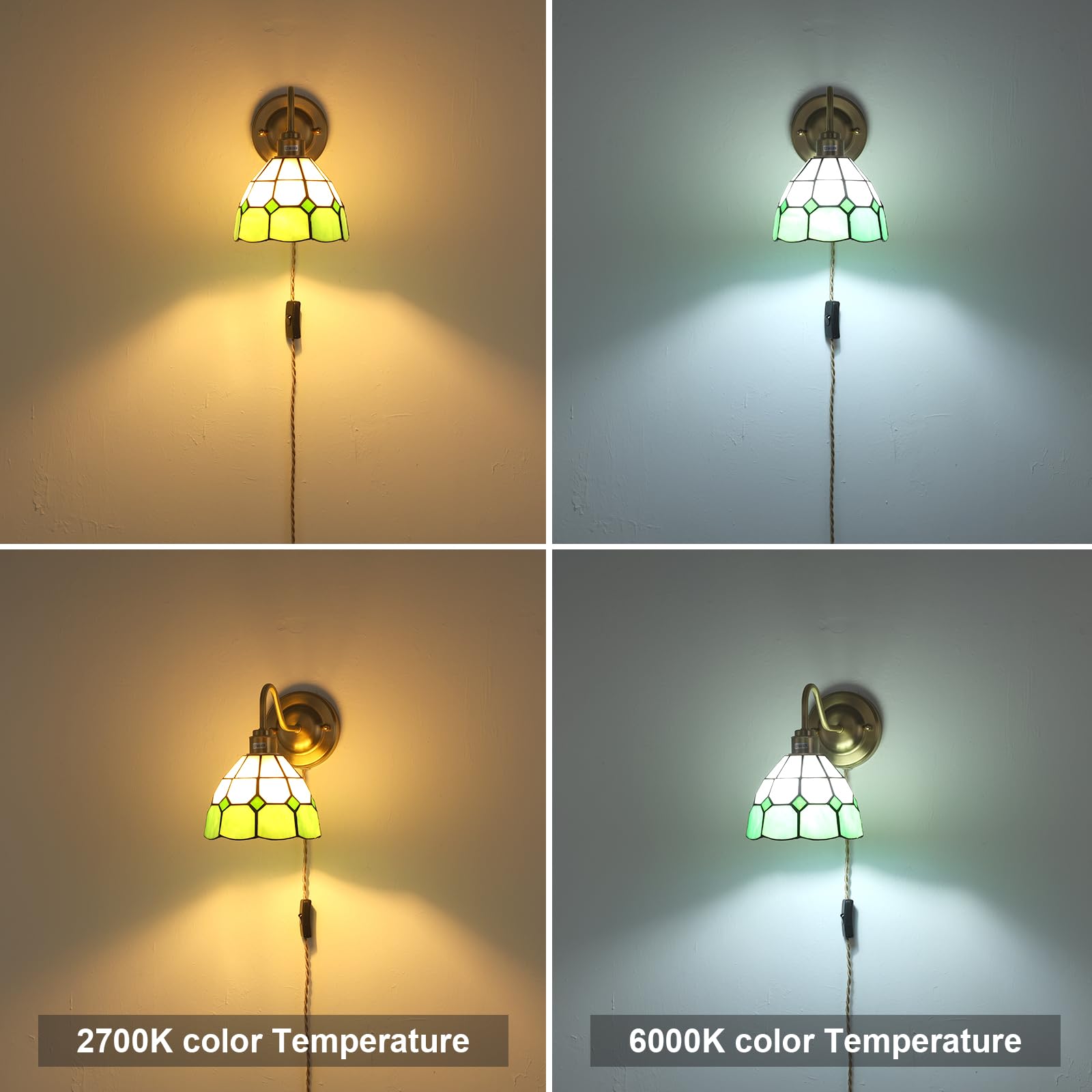 Shenmoyl Vintage Wall Sconce - Stained Glass Shade, 1 Light Plug in, Green White Checker, Model 1-94141-wlamp