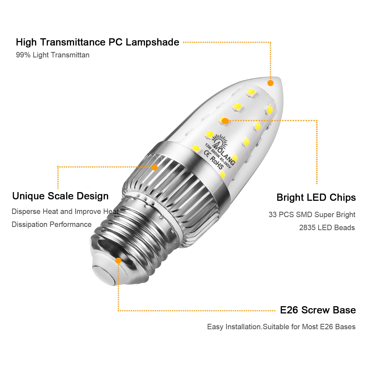 Aolang E26 Led Candelabra Bulb, 12W Led Candle Bulbs,100-Watt Light Bulbs Equivalent, Daylight White 6000K Chandelier Bulbs, E26