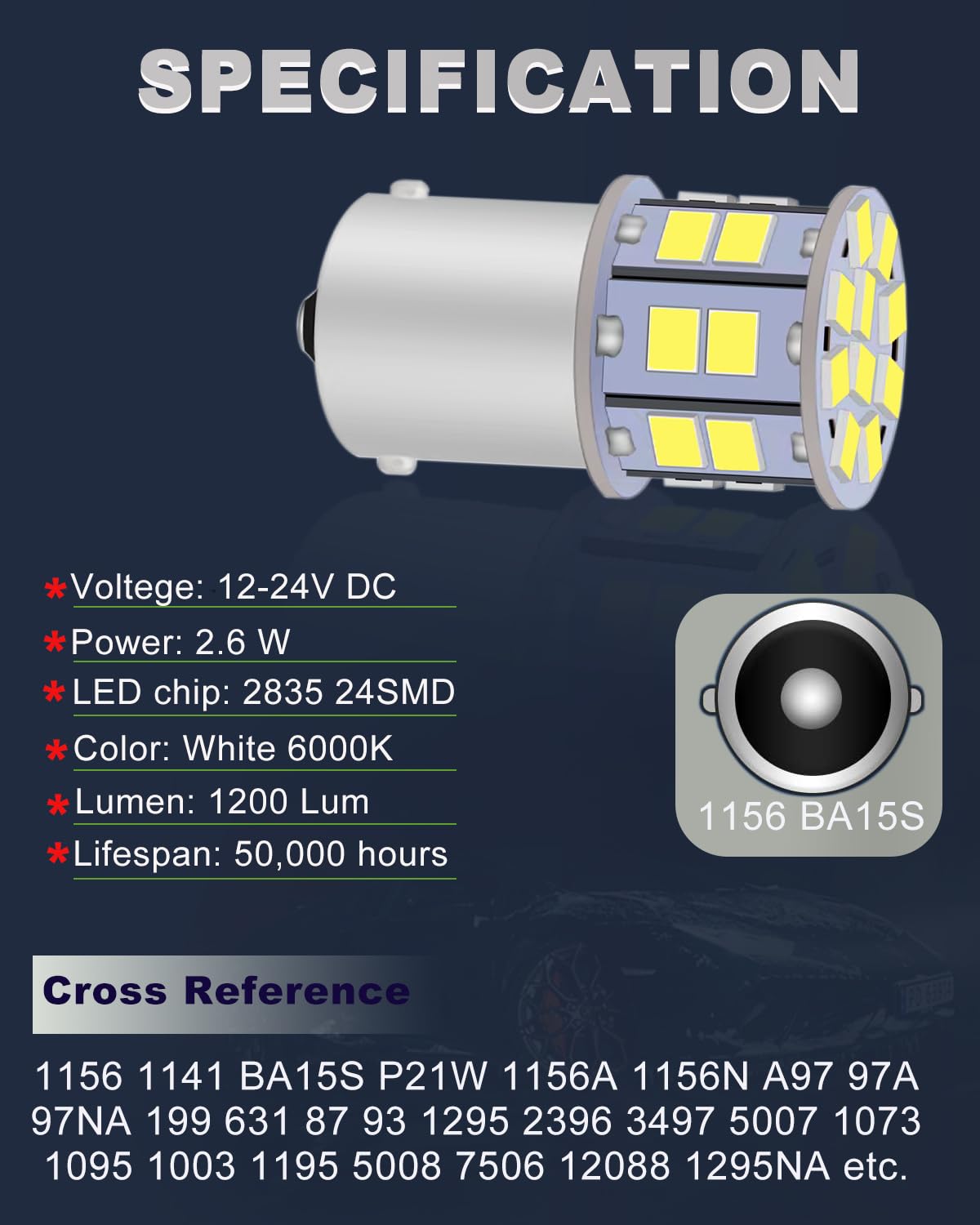 LEDYOTRY 1156 LED Bulbs Super Bright White 12V-24V for Reverse, Brake, Tail, DRL, Turn Signal Lights - Pack of 2