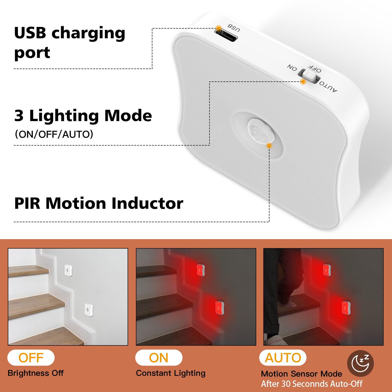 Bestendony Red Motion Sensor Night Lights, Rechargeable, 4 Pack, Magnetic, ABS Material, Sleep Aid for Bathroom, Hallway, Bedroom