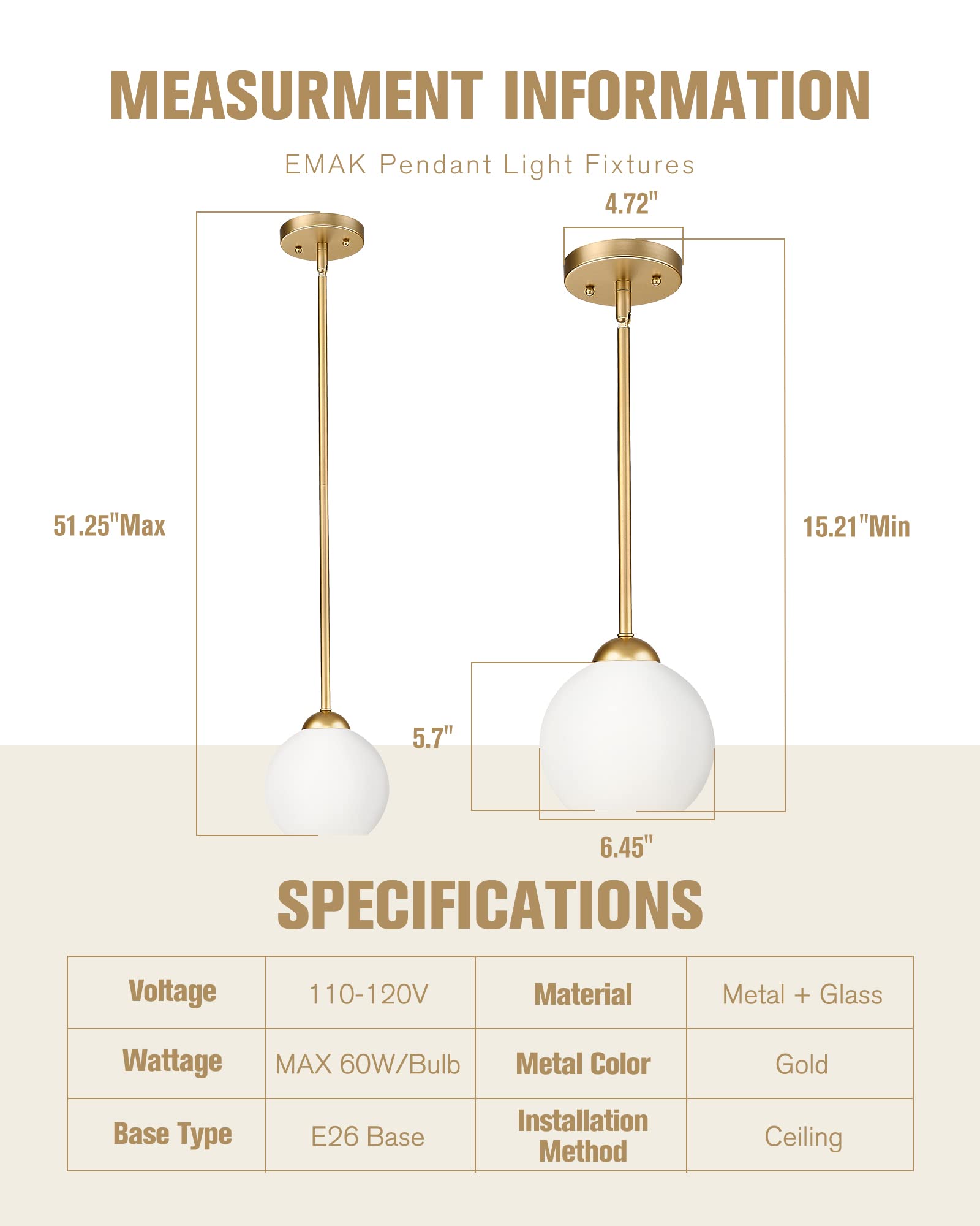 Emak Gold Pendant Light Fixtures, 7 Inch Globe Pendant Lights With Milk Glass Shade, 1-Light Hanging Lights For Kitchen Island,