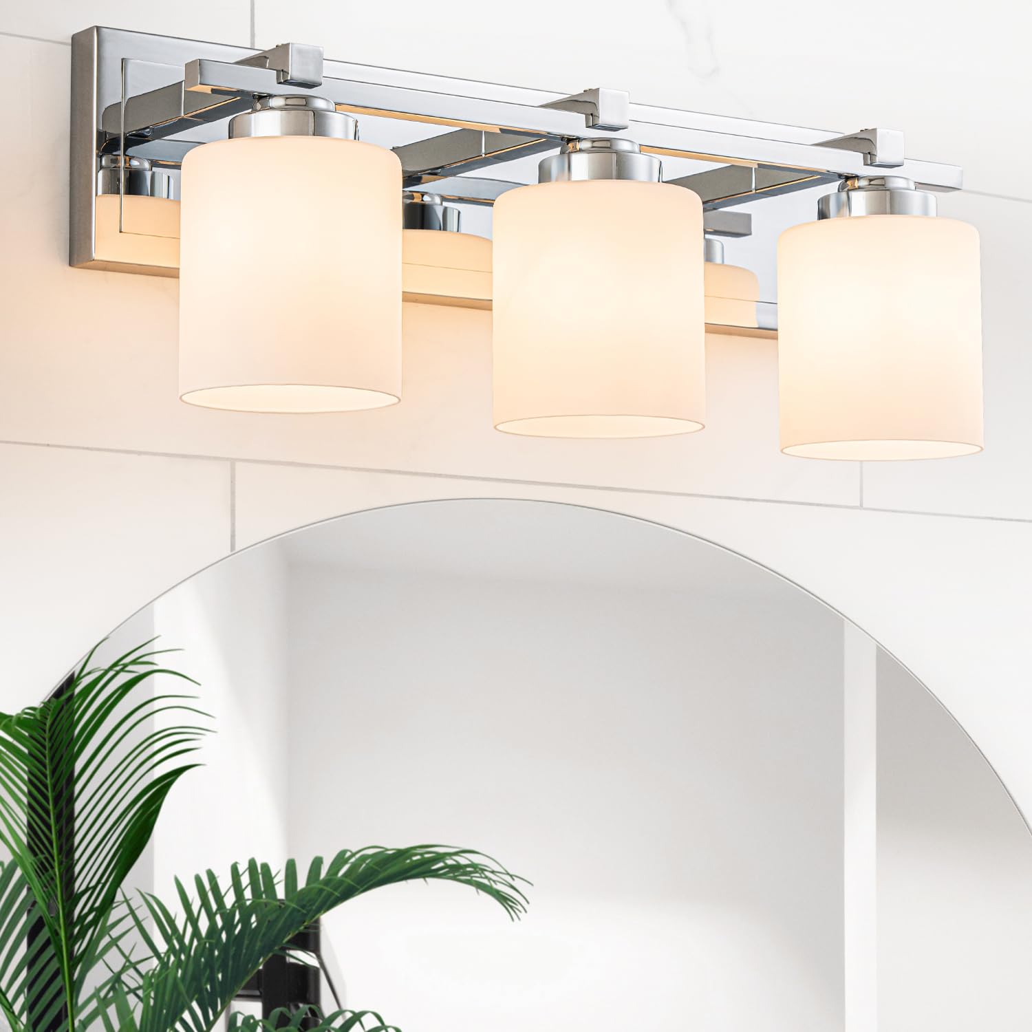BrkNit 3-Light Modern Bathroom Light Fixtures, Chrome, E26 Socket, Milky White Glass Shades, Model J0057-1