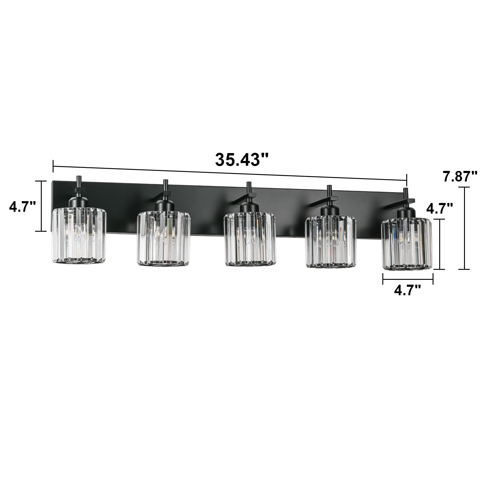 HUOKU Black Crystal Bathroom Vanity Lights, 5-Light Modern Fixture Over Mirror, Metal & Crystal, Round Shade