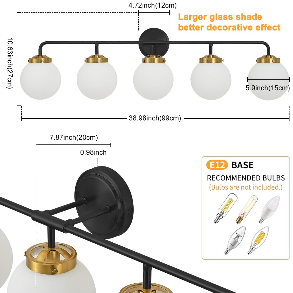 Deyidn Black Gold Bathroom Light Fixtures Over Mirror, Modern Vanity Lighting With Milk White Glass Globe Shades 5-Light Farmhou