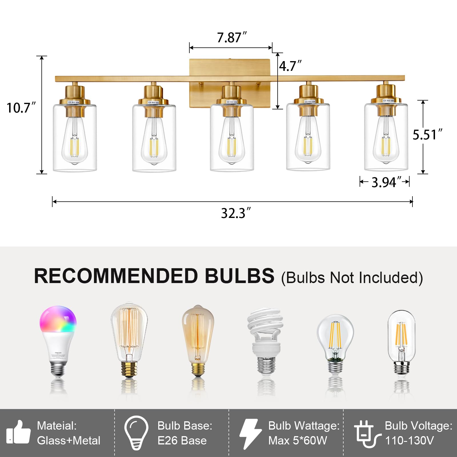 Hccz 5 Light Gold Bathroom Light Fixtures Brushed Brass Vanity Light Over Mirror Modern Wall Lighting Sconces Wall Lamp For Bath