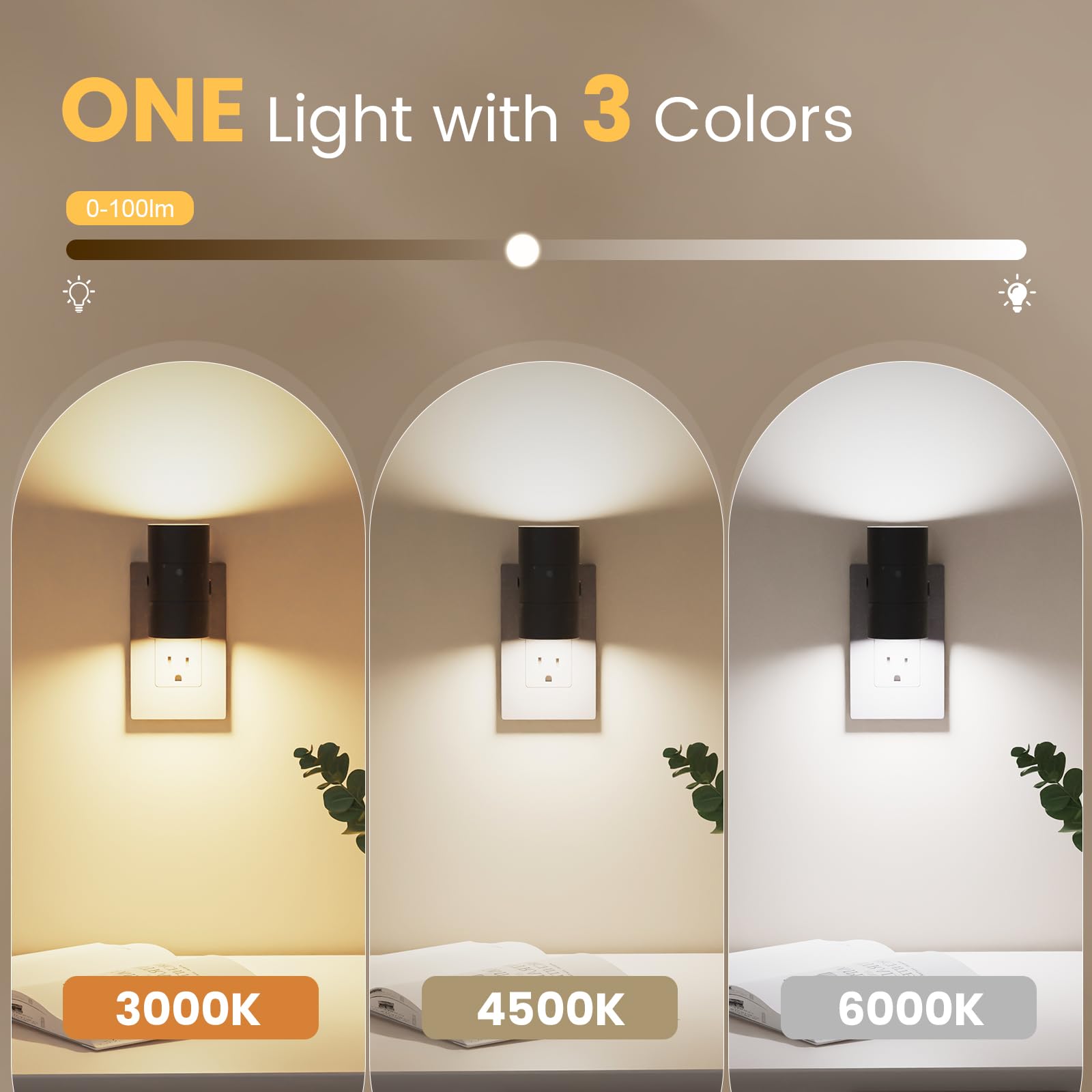 VOLISUN Dimmable LED Night Light with Dusk to Dawn Sensor, Adjustable 0-100LM Brightness, 3 Color Temps, 6 Pack, Black, Model LH-XYD
