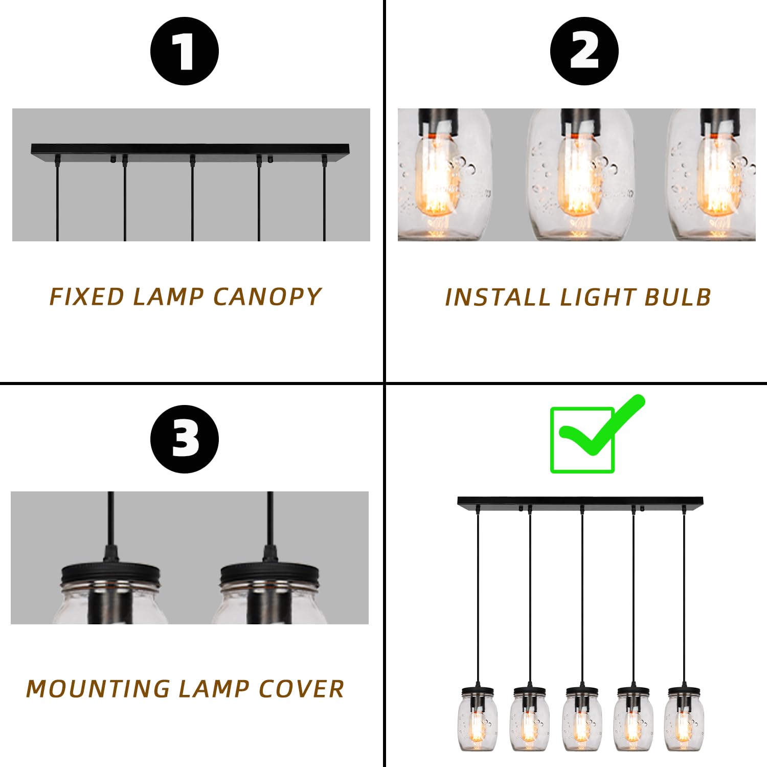 Jasopaco 5-Light Adjustable Height Glass Pendant Ceiling Light - Black Metal Farmhouse Fixture for Kitchen, Dining Room, Foyer, Porch